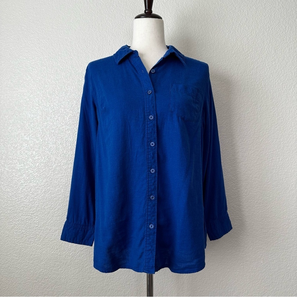 Denim & Co Linen Blend Blue Button Down Women's Shirt, Size SP